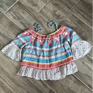 Limited Too Girls Colorful Print Off Shoulder Ruffle Bell Sleeve Boho Top Size 6